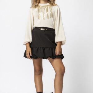 Ruffle‑Hem Belted Mini Skirt – Black & Magenta