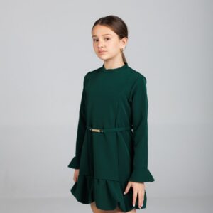 GNS 802 (WC) Dark Green Ruffle‑Hem Long‑Sleeve Dres