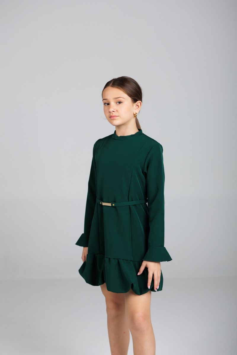 Dark Green Ruffle‑Hem Long‑Sleeve Dres