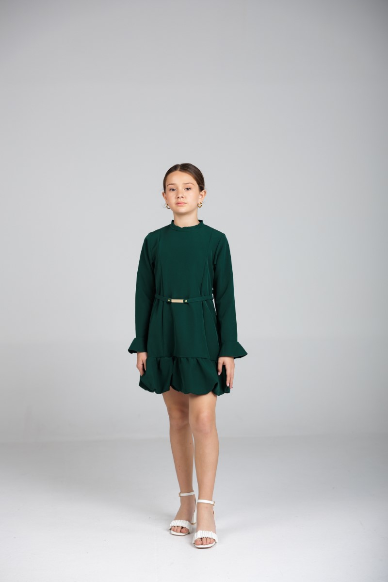 Dark Green Ruffle‑Hem Long‑Sleeve Dres - Image 4