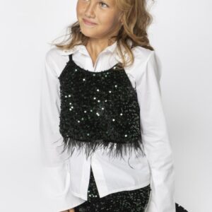 Black Sequin Feather‑Trim Sleeveless Top