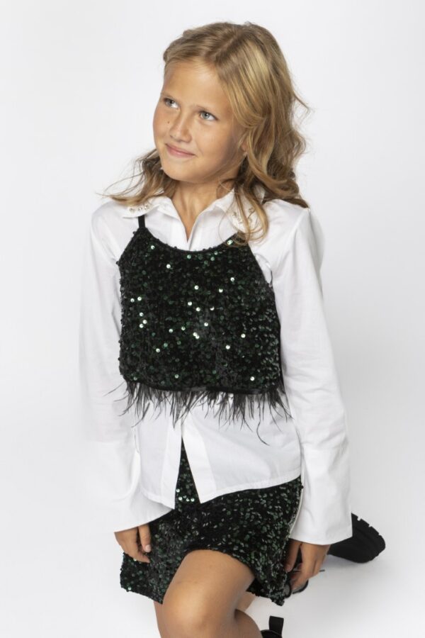 Black Sequin Feather‑Trim Sleeveless Top