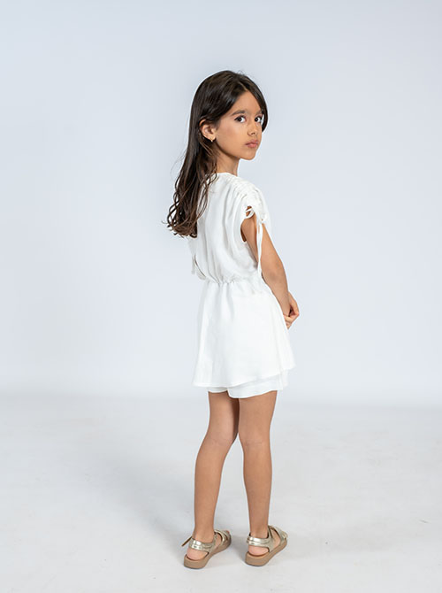 White Short Dress with Bow‑Tie Sleeves & Blue Waist Accent - Image 2