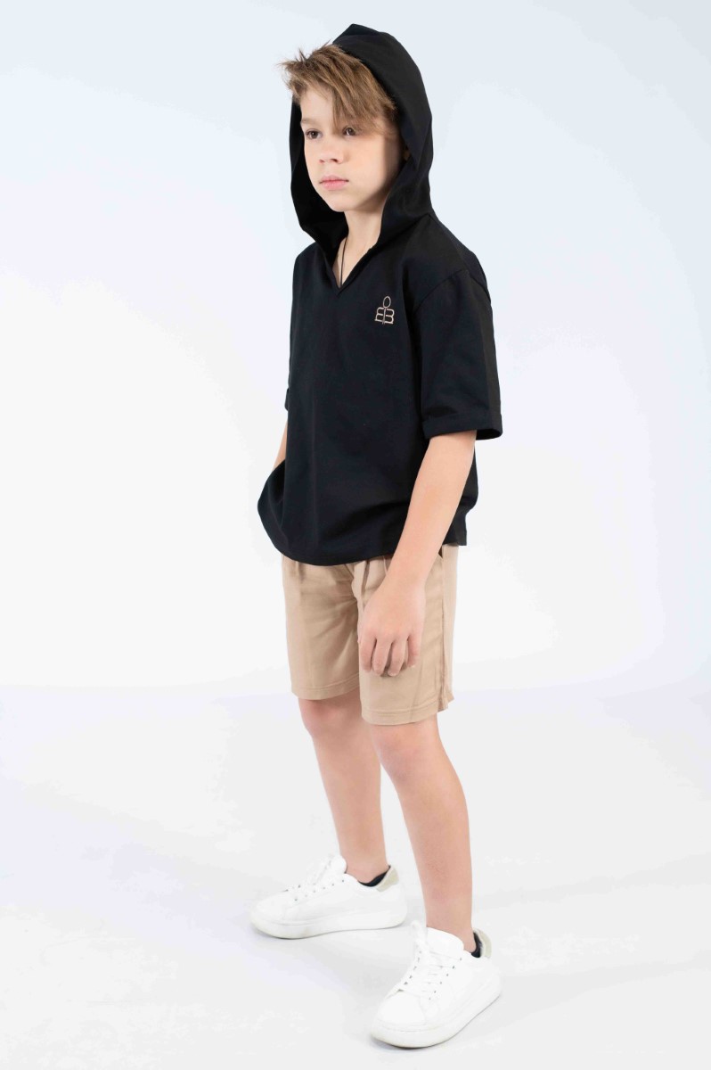 Hooded Tee & Elastic‑Waist Shorts Set