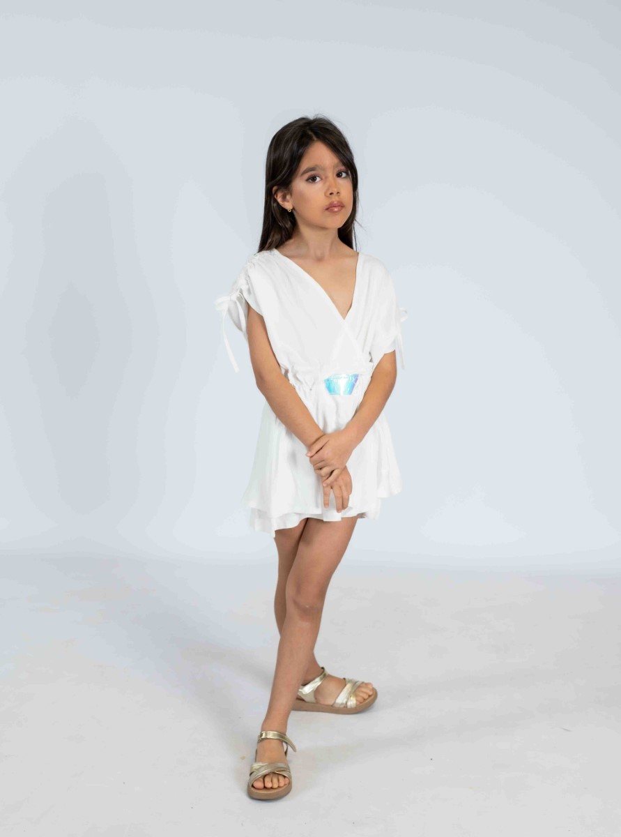 White Short Dress with Bow‑Tie Sleeves & Blue Waist Accent