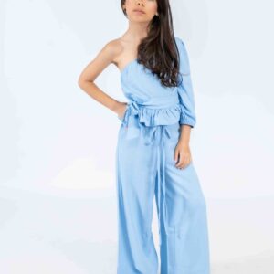 One‑Shoulder Set with Ruffled Top & Wide‑Leg Trousers