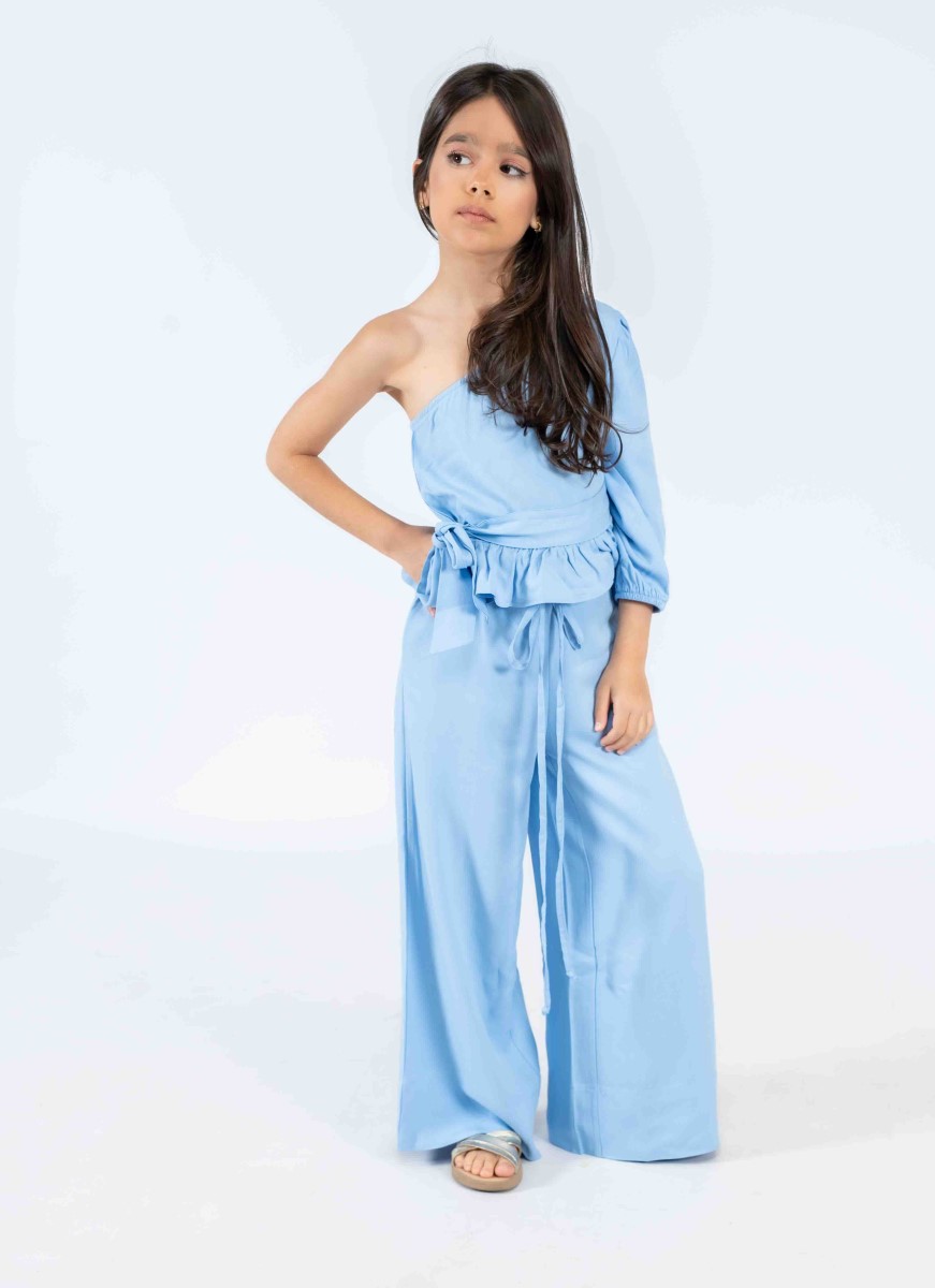 One‑Shoulder Set with Ruffled Top & Wide‑Leg Trousers