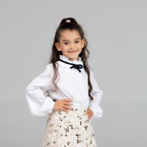 Bow‑Collar Blouse & Textured Sequin Skirt Set