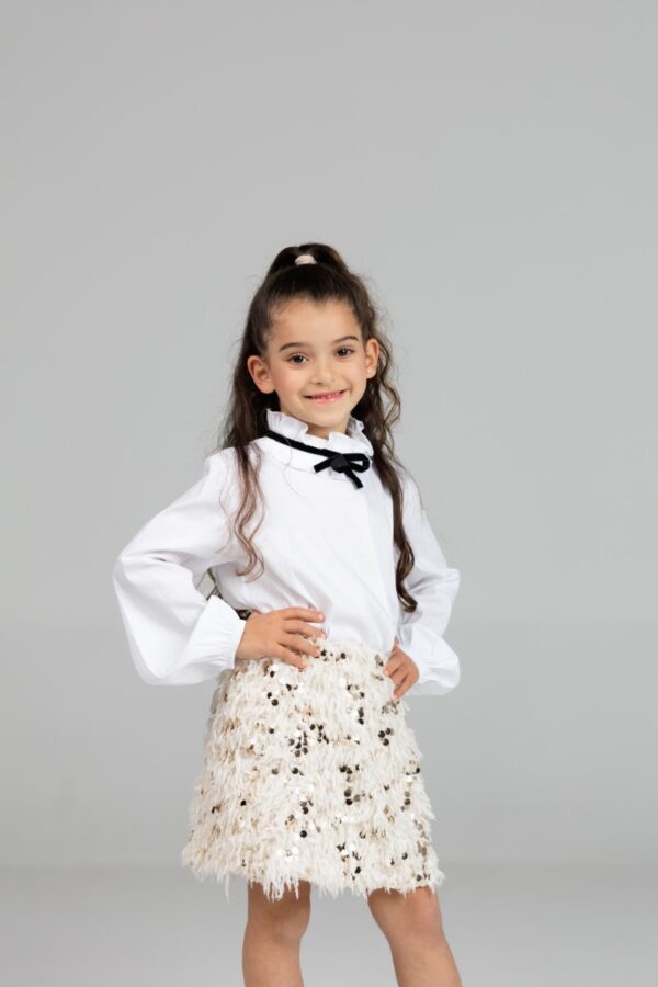 Bow‑Collar Blouse & Textured Sequin Skirt Set